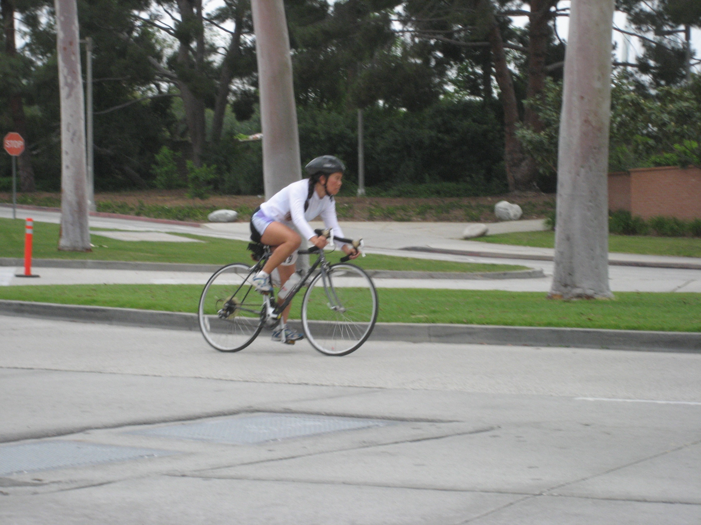 Cathy bicycling at CSULB Reverse Triathlon