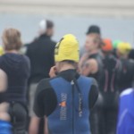 Cathy's (yellow cap) before swimming, SheRox Triathlon (2011 October 15) San Diego CA