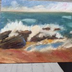 Painting of waves crashing over rocks