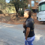 Cathy walking Yosemite Pines RV Resort