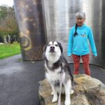 Kay (Siberian Husky) Grins in Pose with Cathy in Front of Stainless Steel Sculpture