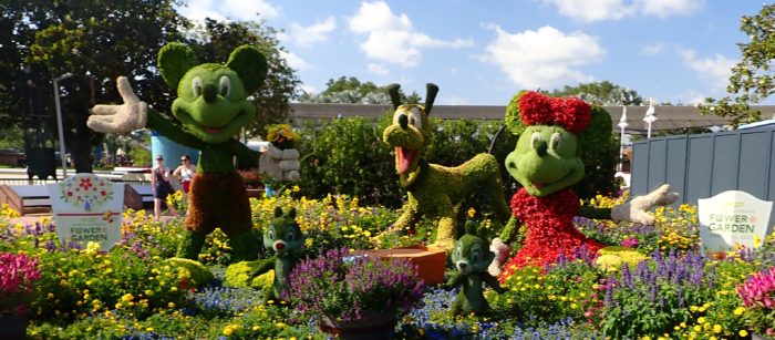 topiary sculptures of Mickey Mouse, Daisy Mouse & Pluto the dog